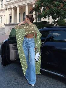 优雅女装，圆领不对称下摆波点薄纱梭织短款上衣，女士披肩，适合搭配晚礼服，柔软伴娘披肩，雪纺披肩，婚礼遮盖披肩，夏季度假装扮 - 綠色 - 查看 5