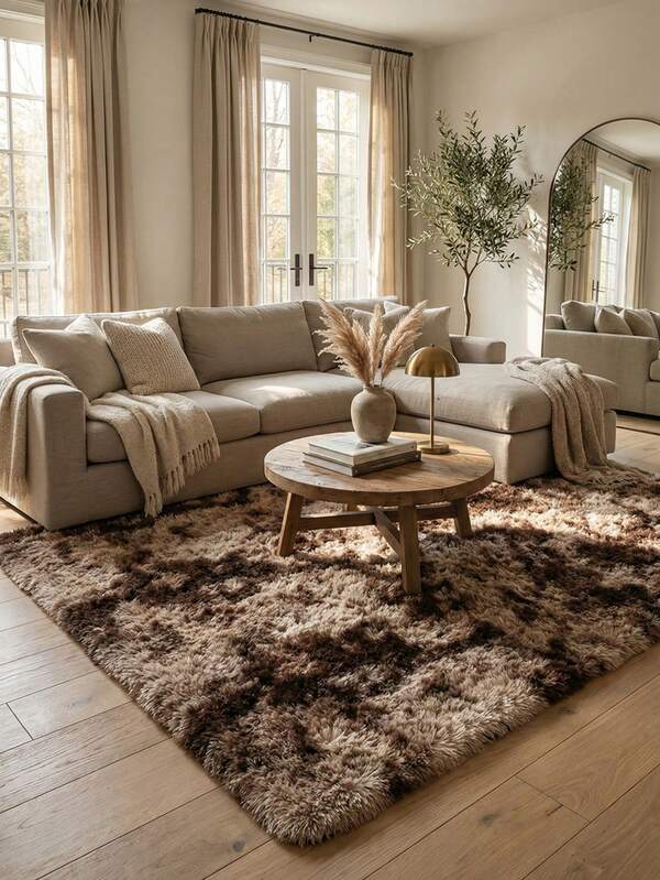 1pc Long Plush Coffee Tie-Dye Shag Rug, New Spring/Winter Collection, Artificial Fur Long Pile Carpet, Machine Washable, Pile Length 5-7cm, Coffee Tie-Dye Shag Rug, Living Room/Dining Room Carpet