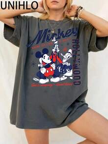 Disney UNIHLO  Mickey  Printed Summer Heavyweight Retro Washed Street Fashion Casual T-Shirt - Black - View 2