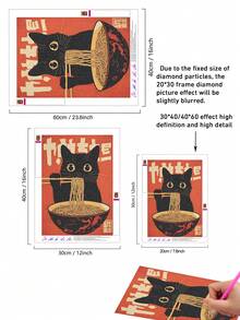 5D DIY Pintura de Diamantes | Gato negro lindo comiendo ramen con palillos en estilo retro, Kits de Pintura de Diamantes, Fondo rojo vívido, Tipografía japonesa y patrones intrincados de tazón. Pintura decorativa hecha a mano, Kit de Pintura de Diamantes 5D, Haz tu propia obra de arte DIY, Disfruta de la diversión de la manualidad, El mejor regalo para amigos - Sin marco - Ver 4