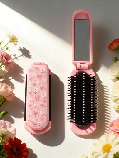 1pc Foldable Portable Comb, Pink Floral Design With Daisy & Bow Elements, Suitable For Women, Pocket-Sized, Great For Weddings, Students, Sisters, Mothers, Holiday Gifts