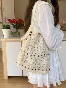 Túi tote dệt rỗng mới mùa Xuân/Hè 2026, túi đeo vai nữ thích hợp cho đi biển, nghỉ mát, công sở, thường ngày, đi làm, mua sắm, hẹn hò, du lịch, đi học và sử dụng hàng ngày. - Màu be - Xem 3