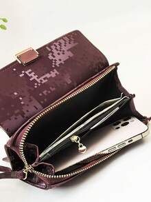 MINGYOU 时尚柔软材质高端刺绣便携休闲黑色手机钱包女士拉链手机钱包适合购物旅行必备女士钱包长款钱包腕包可爱复古钱包 - 酒紅色 - 查看 3