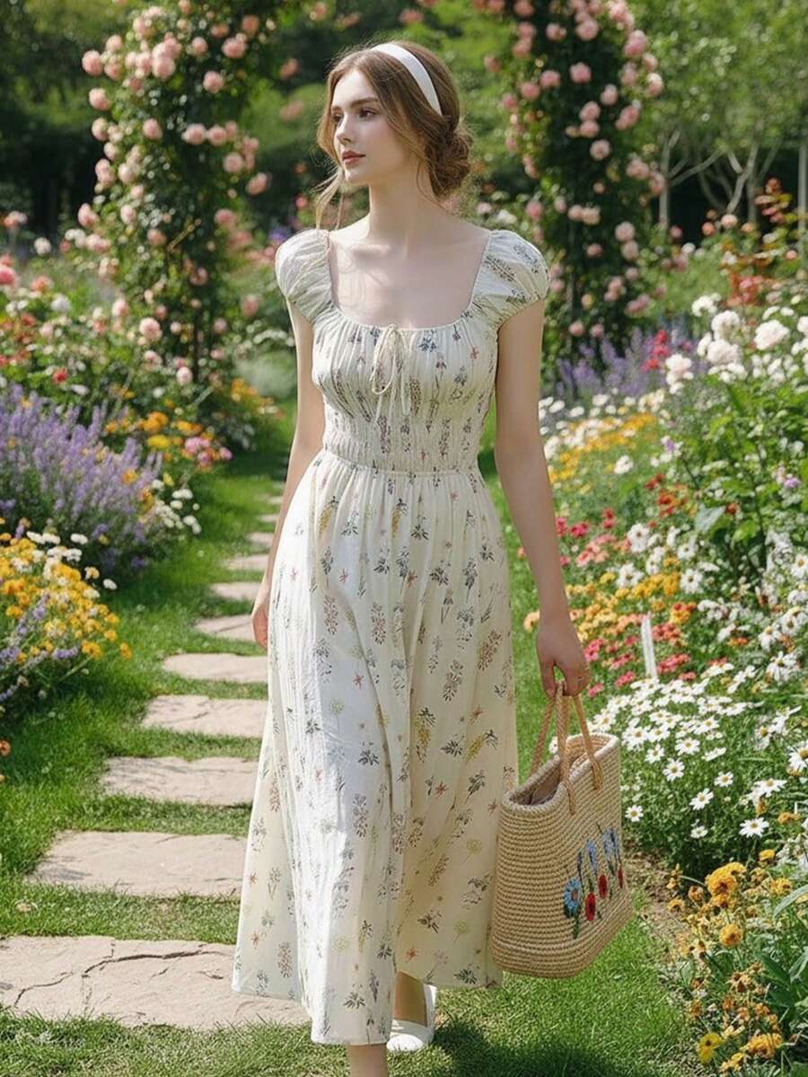 French Retro Botanical Graffiti Square Collar Tie Waist Dress, Women's Spring/Summer 2025 New Beach Vacation Style Elegant - Apricot - View 1