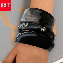 GNIT Multi-Piece Chunky Resin Bangle Set - Solid Black, Marbled Black & Crystal-Embellished Bracelets With Gold Accents, Stackable Wide Cuff For Edgy Y2K Retro Dark Luxury Fashion - Black - View 2