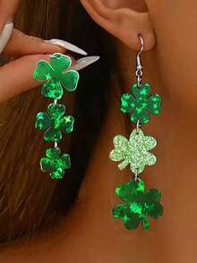 2pcs St. Patrick's Day Creative Minimalist Green Clover Acrylic Earrings For Women - Green - View 1