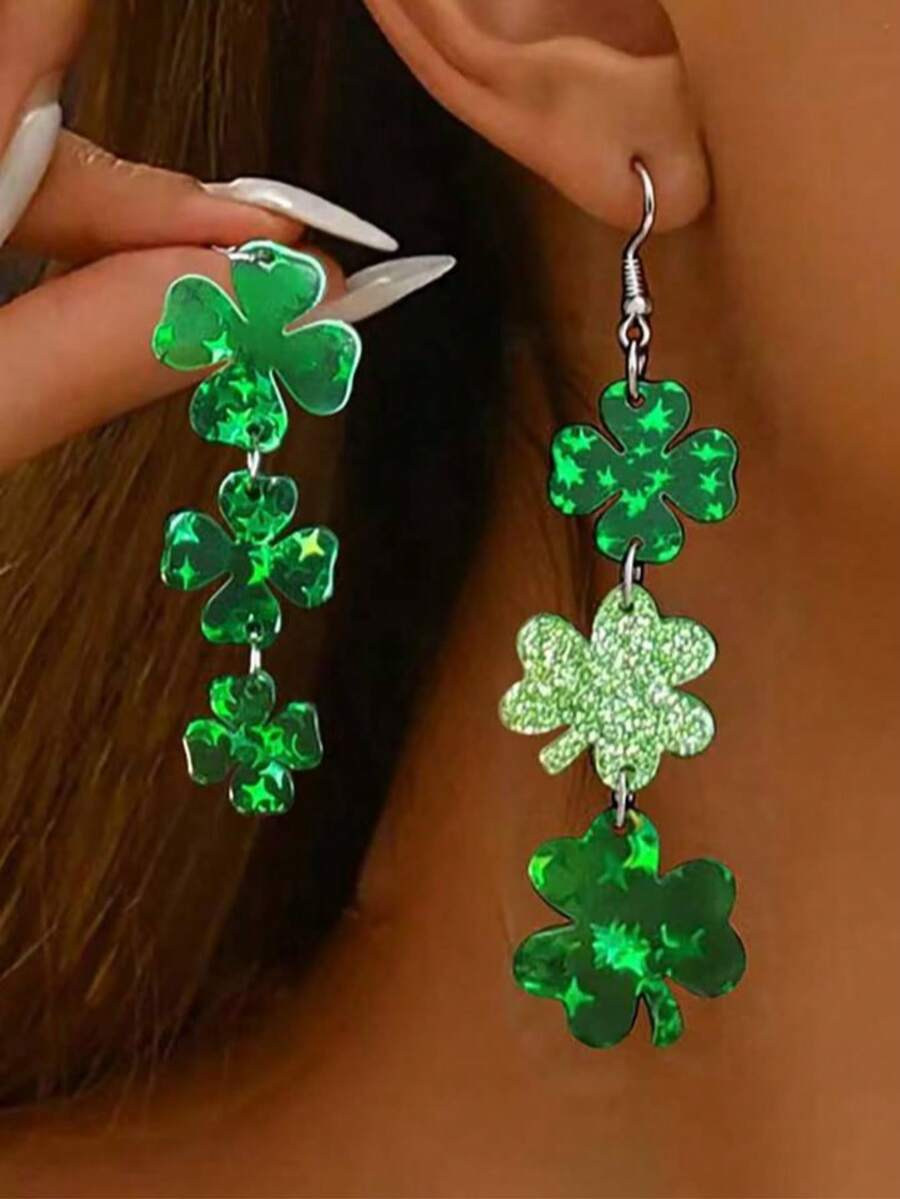 2pcs St. Patrick's Day Creative Minimalist Green Clover Acrylic Earrings For Women - Green - View 1