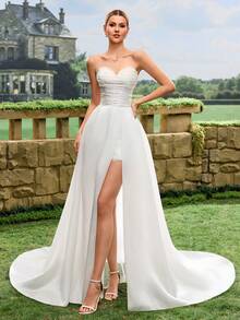 Elasola Vestido de novia blanco de línea A con encaje y cola, de unicolor satinado, para primavera - Blanco - Ver 5