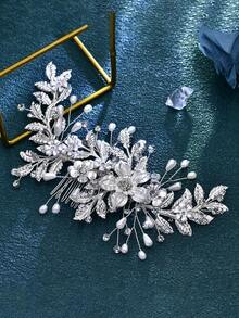 1pc Elegant Alloy Leaf Bridal Hair Comb, Suitable For Wedding, Party, Ball - Silver - View 4