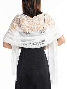1pc Hollow Out Tassel Lace Scarf Shawl Beach Wrap For Dress - White - View 4