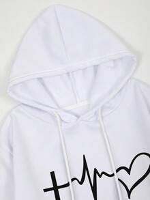 Heart & Letter Graphic Kangaroo Pocket Drawstring Hoodie - White - View 2