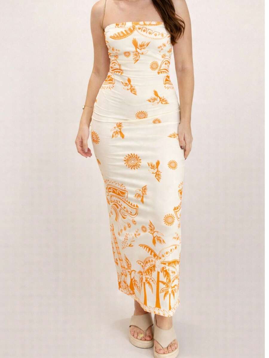 Women's Strapless Midi Dress Tropical Summer - trái cam - Xem 1