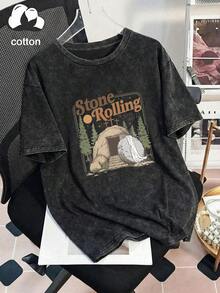 Women's Casual Vintage Graphic Round Neck Short Sleeve T-Shirt, Suitable For Spring, Summer And Autumn - Black - View 1