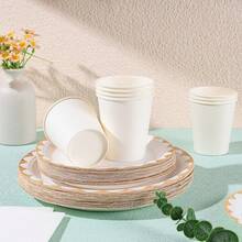 White Rimmed Disposable Tableware Set, Including 7/9 Inch Paper Plates, Paper Cups, Paper Napkins, Suitable For Birthday Parties, Festivals, Gatherings, Picnics, Celebration Events, Wedding Tea Parties, Graduation Ceremonies - White - View 3