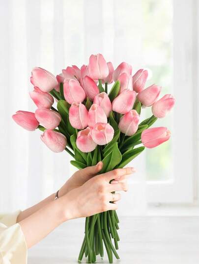 10 bông hoa tulip giả cỡ lớn màu hồng lá xanh đậm, thích hợp cho bó hoa cưới, trang trí nhà cửa, cắm hoa DIY, Ngày của Mẹ, lễ tốt nghiệp, vòng hoa, lối vào, hành lang, trang trí sân vườn (Màu hồng)