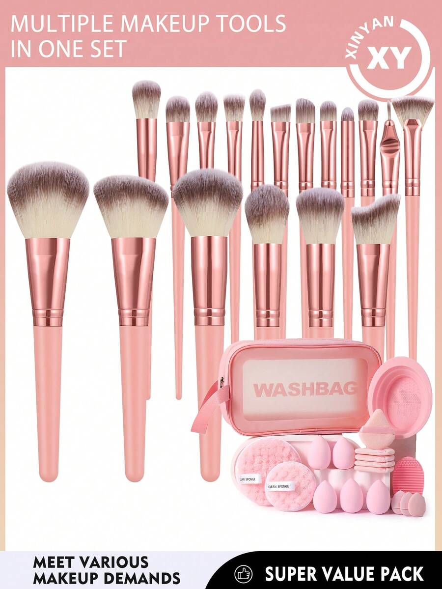 36PCS Makeup Tools Set Including:18PCS Makeup Brush Set+1pc Multi-Functional Zipper Toiletry And Cosmetic Bag Waterproof+5PCS Makeup Sponges+5PCS Triangle Powder Puffs+3PCS Mini Air Cushion Powder Puffs+2PCS Makeup Brush Cleaning Tools+2PCS Facial Cleansing Sponges - Pink - View 1