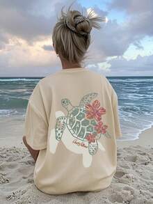 少女印花短袖T恤，学生及年轻女孩夏季休闲上衣 - 杏色 - 查看 3