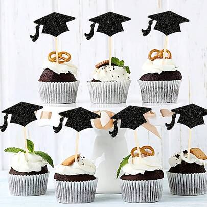 12个/24个2026届毕业生黑色闪光毕业帽纸杯蛋糕装饰和包装纸套装，适合在毕业典礼上装饰纸杯蛋糕和蛋糕