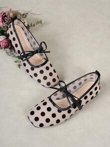白色女士平底芭蕾舞鞋，蝴蝶结装饰，花卉刺绣，夏季款；黑色透气镂空网眼凉鞋，方头亮片装饰，适合宽脚，玛丽珍鞋，波点图案 - 米白色 - 查看 5