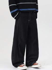 1pc Justice Brother Korean Street Style Embroidered Pocket Contrast Stitching Men's Black Loose Fit Wide Leg Jeans, Versatile Casual Pants, All Season - Black - View 6
