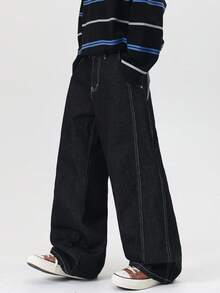 1pc Justice Brother Korean Street Style Embroidered Pocket Contrast Stitching Men's Black Loose Fit Wide Leg Jeans, Versatile Casual Pants, All Season - Black - View 1