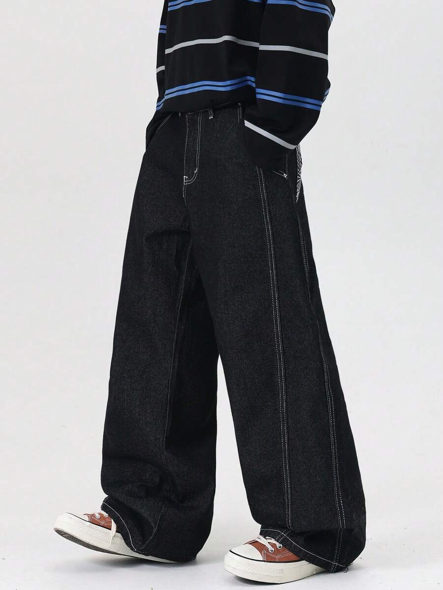 1pc Justice Brother Korean Street Style Embroidered Pocket Contrast Stitching Men's Black Loose Fit Wide Leg Jeans, Versatile Casual Pants, All Season - Black - View 1