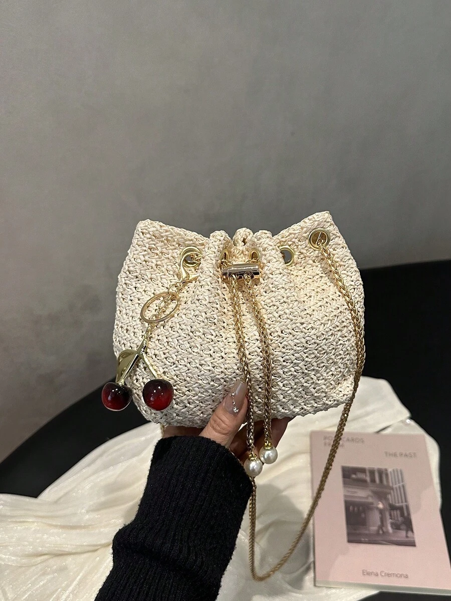 迷你新款时尚草编金链抽绳水桶包，沙滩包