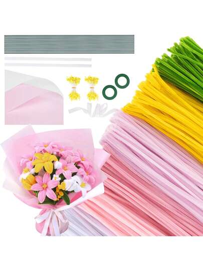 1Set 600PCS Pipe Cleaners Craft, Pipe Cleaner Bulk Flower Kit, 6 Colors Chenille Stems Flower Making Kit With Floral Wires, Gardening Tape, Stamen, Floral Wrapping Paper & Ribbon For Art And Craft Supplies