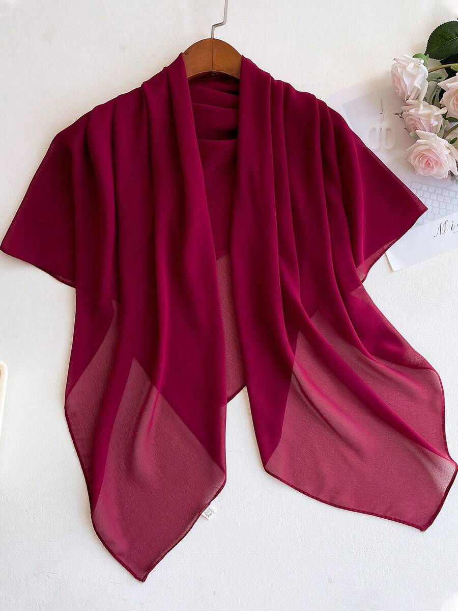 1pc Minimalist Solid Color Lightweight Breathable 110cm Chiffon Square Scarf, Women Fashion Versatile Bandana, Thin Summer Sun Protection Neck Scarf - Burgundy - View 1