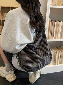 Fashionable Plaid Shoulder Bag, Large Capacity Campus Style Crossbody Bag, Student Cloth Bag, Pastoral Chic - Grey - View 4