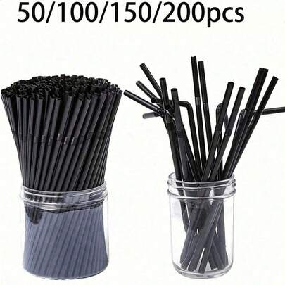50-500pcs Flexible Black Plastic Straws, Bendable Party Decoration Straws, Plastic Drinking Straws, Coffee And Cocktail Stirrers, Beverage Accessories Suitable For Milkshakes, Smoothies, Bubble Tea, Iced Coffee, Great For Home Camping Picnic Party, Party Supplies, Household & School Essentials