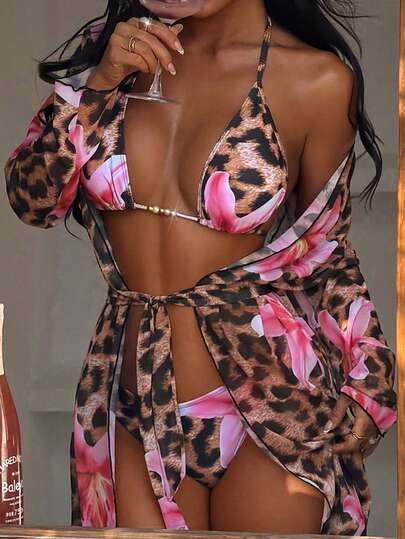 3件套豹纹和花卉印花优雅时尚性感女士比基尼套装，适合海滩穿着