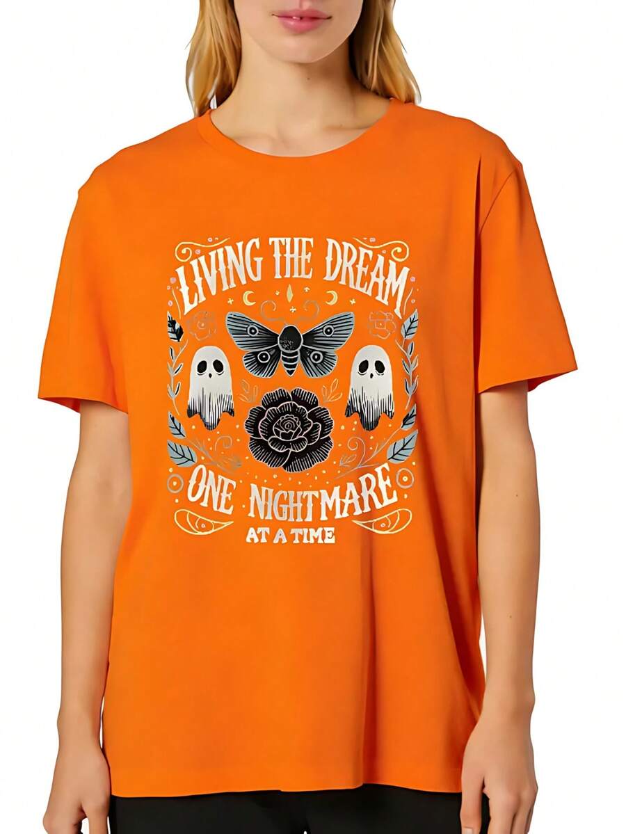 Summer Plus Size Women Clothes Living The Dream One Nightmare Skull & Butterfly Tee Summer Women's T-Shirt, Soft And Breathable, Perfect For Daily Wear, Outdoor Activities, Travel, And Casual Style, Comfortable All-Day Fit! - 橘色 - 查看 1