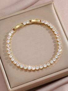 1pc Fashionable Gold Tennis Bracelet, Inlaid With Shiny Cubic Zirconia - Suitable For Women's Daily Wear, Parties And Weddings - Ideal Gift For Her - Multicolor - View 11