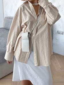 Look Polly 女士春夏 Y2K 条纹长袖衬衫，单排扣休闲时尚，沙滩装，口袋设计，返校季服装，复古风可爱教师衬衫，宽松纽扣衬衫，女士教师套装，大码沙滩衬衫，沙滩风，情人节女士时尚衬衫 - 卡其色 - 查看 7