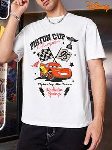 Disney Men's Casual T-Shirt, Lightning McQueen "M" & Sponsor Logos Print, Racing Design, Relaxed Fit, Ideal For Car Fans & Streetwear - White - View 2