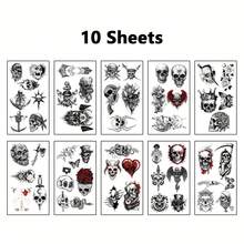 FTVLTAT 10 miếng dán hình xăm tạm thời chủ đề đầu lâu - Phong cách Punk Cướp biển/Cánh/Hoa hồng đen trắng | Thân thiện với da, dễ dán/gỡ, chống thấm nước và bền lâu (3-7 ngày) | Thích hợp cho cổ tay/bàn tay/cổ/cánh tay | Hoàn hảo cho các bữa tiệc Punk, trang phục thường ngày, phong cách xe máy và trang trí Halloween - Nhiều màu - Xem 7