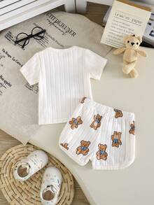 2pcs Newborn Baby Boy Outfit, Cute Bear Pattern Short Sleeve Top And Shorts, Casual Daily Wear - Apricot - View 3