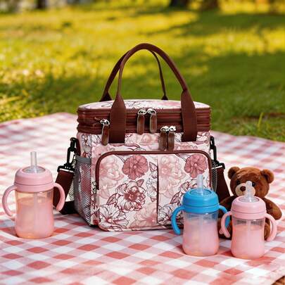 Bolsa de almuerzo con caja bento, bolsa refrigeradora aislada de doble capa a prueba de fugas, adecuada para mamás, papás y niños para picnic y viajes al aire libre, playa, bolsa de pañales de maternidad