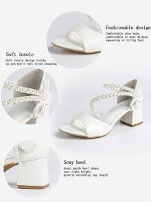 Women's Block Heel Sandals With Beaded Ankle Strap Bridal Style White Wedding Heels - White - View 10