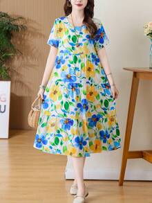 FANMUER Đầm midi in họa tiết phong cách boho dáng rộng thoải mái mới về cho nữ, thích hợp cho mùa hè. - Màu xanh lam - Xem 4