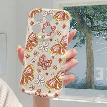 1pc Fashion Yellow Butterfly & Flower Pattern Asymmetric Cream Phone Case, Ideal For Daily Use, Compatible With IPhone17pro/17promax/17Air/17/16e/16/15/14/13/12/11/Galaxy S23/S24/S25/S26/A57/A37/A17/A07 Series - White - View 1
