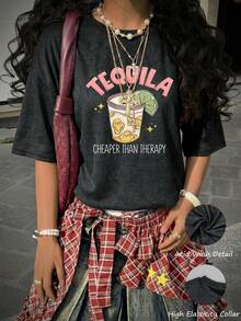 Camiseta de mujer casual y suelta de manga corta con efecto lavado, con estampado gráfico del número 84, camiseta deportiva vintage, inspirada en el estética y el s(only 1 Camiseta) - Negro - Ver 6