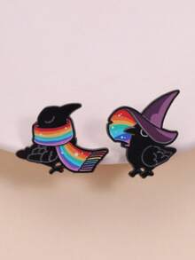 2pcs Rainbow Crow Enamel Pin Set, Including A Black Crow Wrapped In Rainbow Gradient Glitter Scarf And A Black Crow Wearing A Purple Wizard Hat Spitting Rainbow, Suitable For LGBTQ+ Community Members, Dark Aesthetics Enthusiasts, Rainbow Culture Fans, And Self-Expression Advocates - Multicolor - View 2