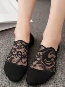 5双装女士夏季蕾丝隐形透明低帮踝短袜，防滑黑色套装，理想的圣诞礼物船袜 - 彩色 - 查看 5