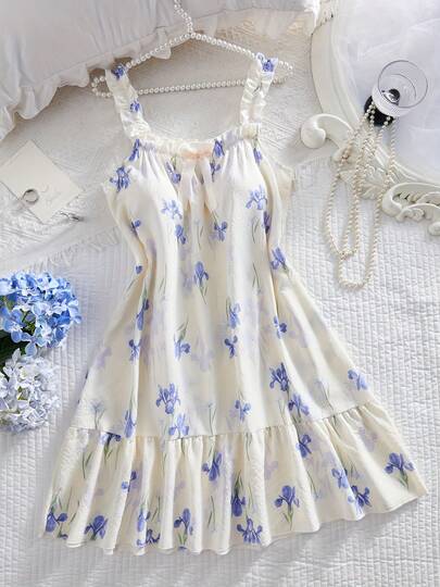 1 bộ đồ ngủ nữ không tay in hoa - Nhẹ, có dây đeo và viền xếp ly, thoáng khí, thích hợp mặc nhà mùa hè, đồ ngủ thanh lịch thường ngày, áo ngủ thoải mái, áo choàng hở vai.