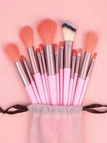 33pcs Makeup Brush Set (With Drawstring Storage Bag), Including Powder Puff, Makeup Sponge, Blush Brush, Foundation Brush, Eyeshadow Brush, Contour Brush, Eyeshadow Brush, Soft Hair Brush, Blush Brush, Professional Makeup Brush Set, Women Makeup Brush Set, Face Washing Brush Set, Brush Kit, Makeup Brush Combo - Pink - View 9