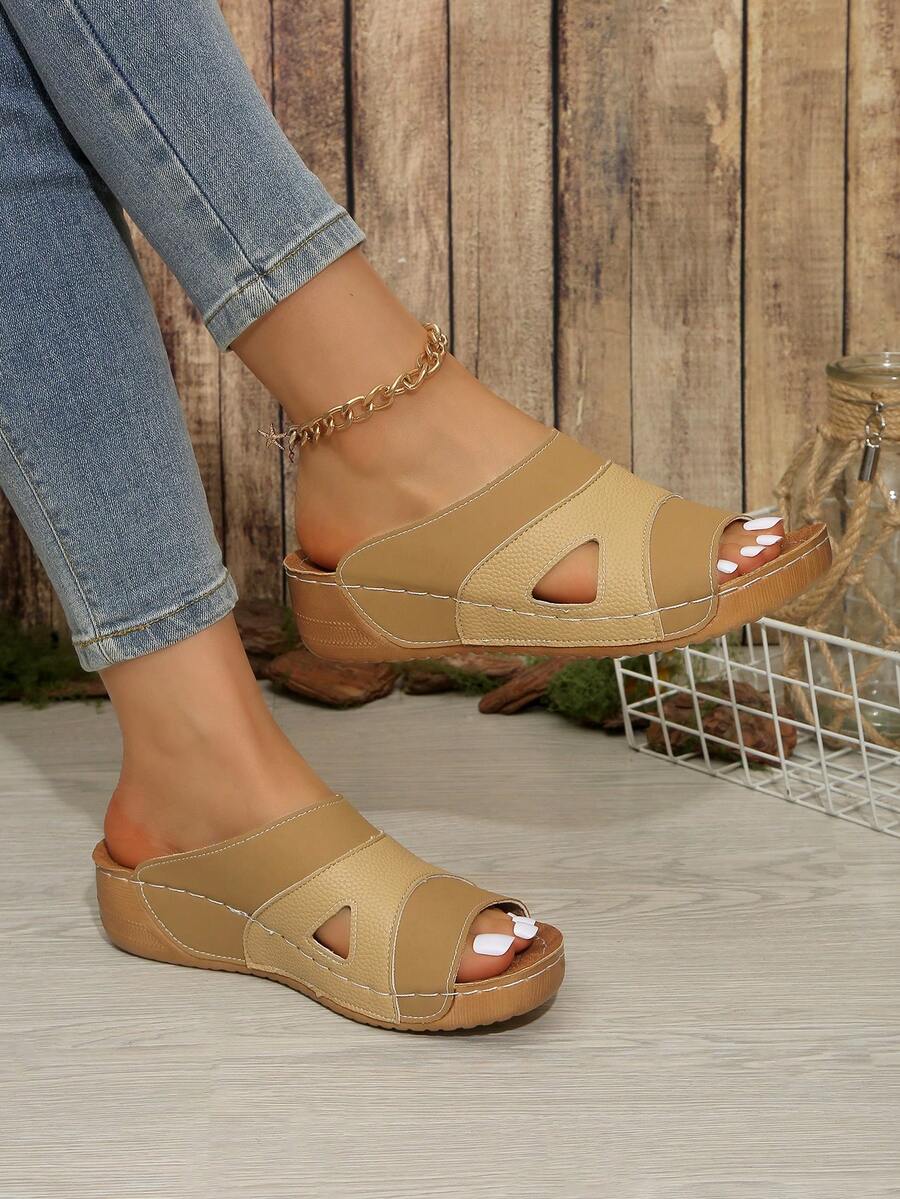 1 đôi dép lê đế xuồng quai ngang bằng da PU màu kaki họa tiết vải thiều rỗng dành cho nữ và thiếu nữ, thích hợp đi lại hàng ngày vào mùa hè. - Màu Mù tạt vàng - Xem 1