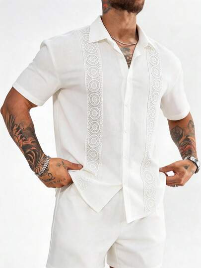 GloMan 男士纯色贴布前扣短袖衬衫短裤套装。休闲外出装扮，舒适轻松的度假风格，时尚百搭，适合作为送给丈夫的礼物。