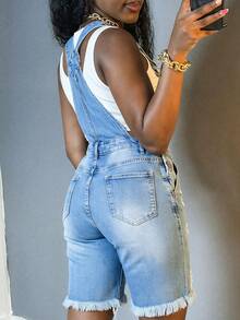 GLOURI Y2K Distressed Denim Overalls - Adjustable Straps & Oversized Pockets W/ Asymmetric Rips Ripped| Edgy Streetwear Jumpsuit Casual  For Women - Light Blue - View 3